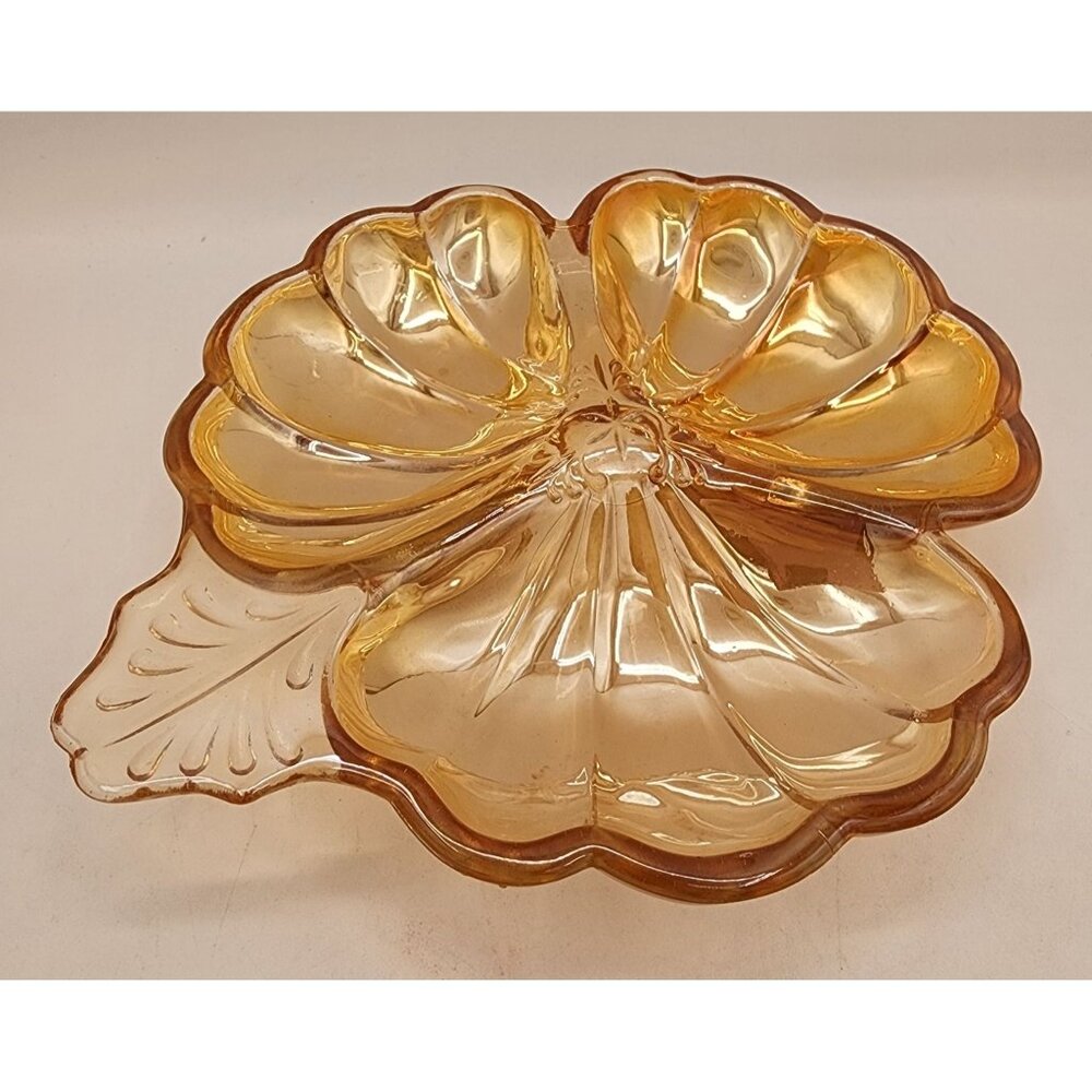 Doric Jeannette Glass Iridescent Amber Clover Leaf Candy Relish Dish Vintage